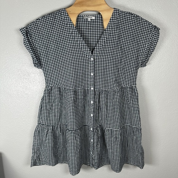 Madewell Dresses & Skirts - Madewell Cuff Sleeve Button Front Tiered Mini Dress Gingham Check Womens Large
